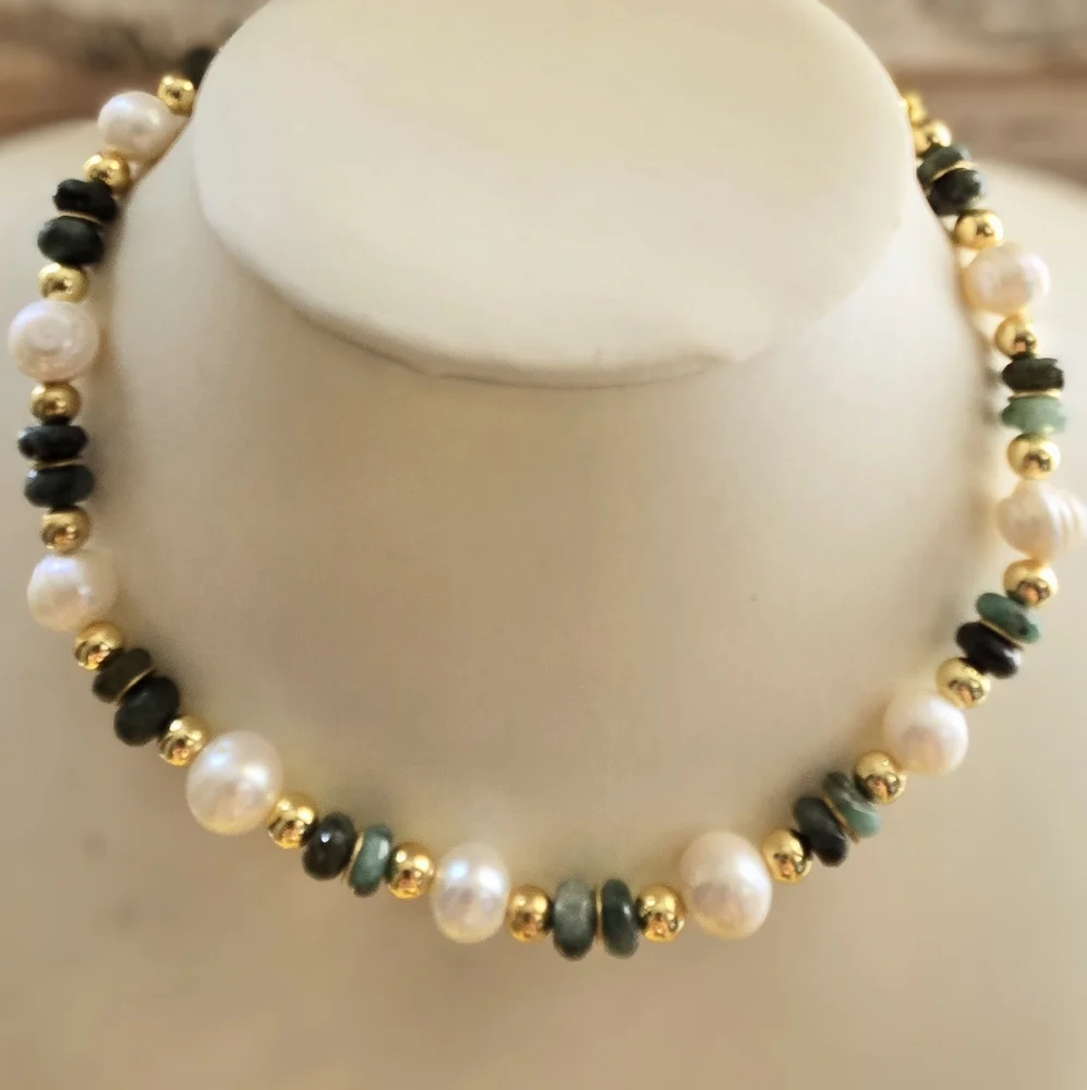 Genuine Emerald And Freshwater Baroque Pearls In Gold Plated Classic Necklace